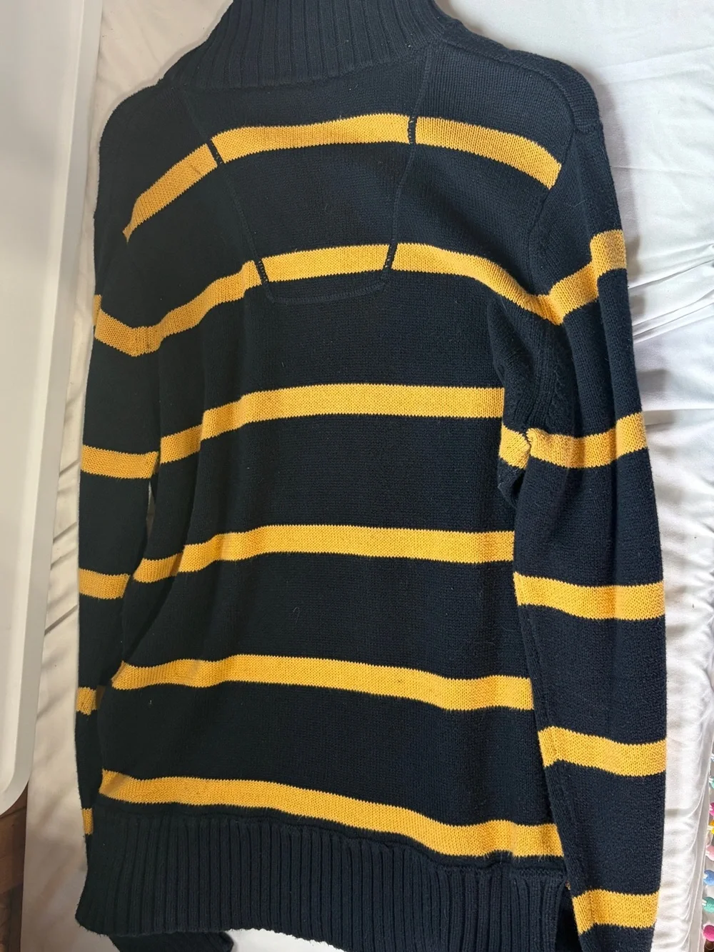 American Eagle Outfitters Navy and Yellow Striped Half-Zip Sweater
